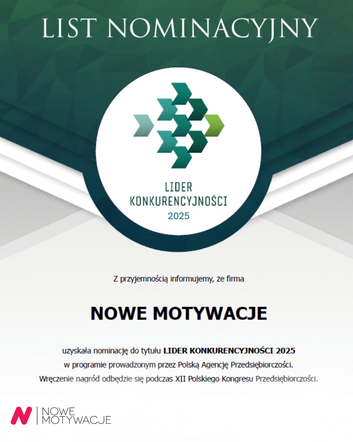 List nominacyjny dla firmy Nowe Motywacje do tytułu Lider Konkurencyjności 2025.