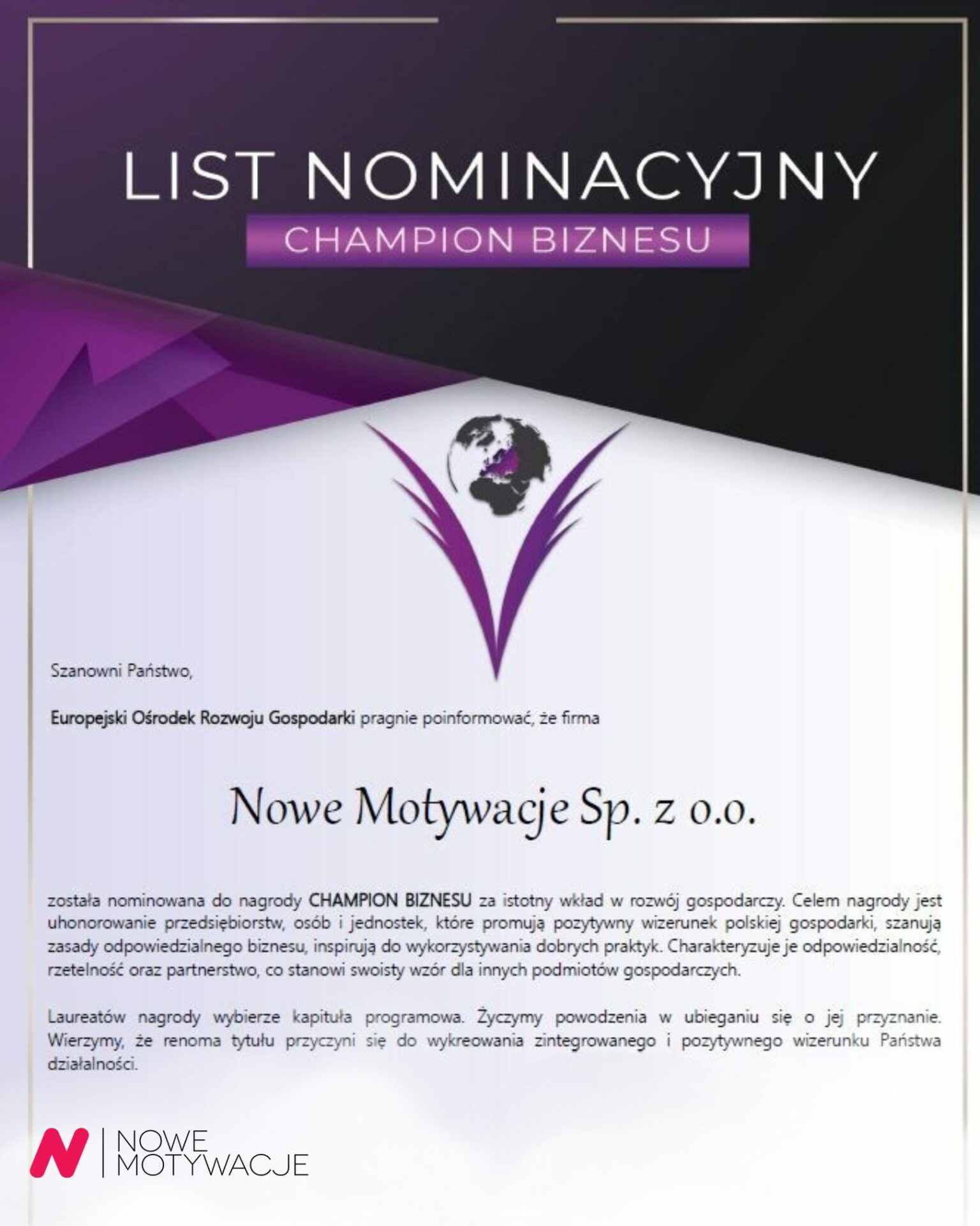 Nominacja Nowe Motywacje do nagrody Champion Biznesu – list od Europejskiego Ośrodka Rozwoju Gospodarki
